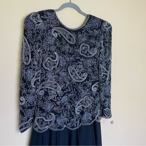 NWT Dress Black Silver Blue Beads Scoop Back Formal Event Party Old Money Classy